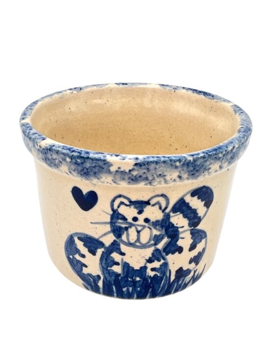 Hand-Painted Cat & Heart Crock Planter Pottery Spongeware Cottagecore 2.5"H - Picture 3 of 7